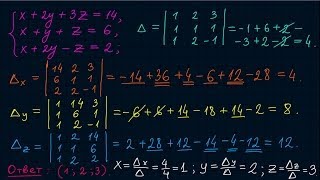 Решение системы трех уравнений по формулам Крамера