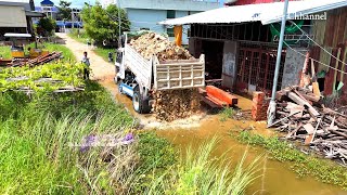 Building Foundation New Road Village By Bulldozer Working Pushing Stone - Dump Truck Unloading Stone