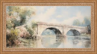 Old Bridge and Flowering Bushes, Vintage Impressionist Oil Painting | Framed TV Art