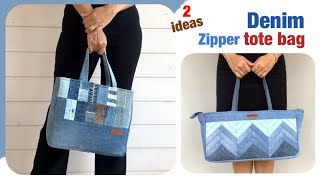 Denim zipper tote bag ideas from scrap old jeans, zipper tote bag tutorial