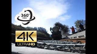 360° camera under STEAM train stopping at station (4K)