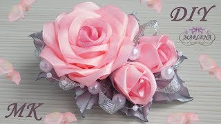 Роза канзаши 🌹. Нарядная заколка с букетиком роз МК/DIY 👐