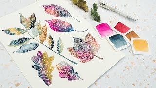 Autumn Leaf Doodles in Watercolour and White Pen