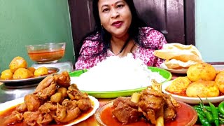 asmr eating spicy chicken leg piece curry,egg roast rice & green chilli *eating videos *