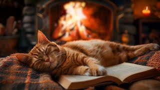 Fall Asleep with Purring Cat In Cozy Room🔥Crackling Fireplace and Purr Sound for Deep Sleep, Healing