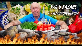 УХА ДВОЙНАЯ с ВОДКОЙ и САЛОМУРЧИКОМ в КАЗАНЕ на КОСТРЕ, ВСЕ СЕКРЕТЫ и ТРАДИЦИИ