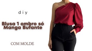 Blusa de 1 ombro só com manga bufante ‐ Com molde