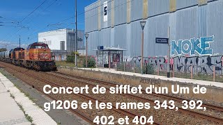 Spot en bretagne#147, Concert de sifflet d'un Um de g1206 et les rames 343, 392, 402 et 404