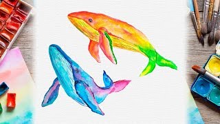 Watercolor Blue And Yellow Whales Painting Tutorial - DIY Easy Illustration