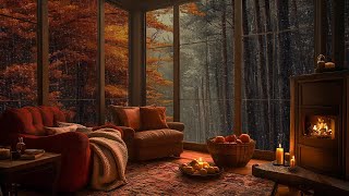 Autumn Ambience with Soft Jazz Music, Rain & Fireplace Sounds for Rainy Day 🌧️