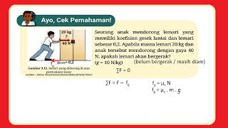 Seorang anak mendorong lemari yang memiliki koefisien gesek lantai dan lemari sebesar 0,2