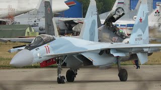 Sukhoi Su-35 "Flanker" supermaneuverable aircraft takeoff and aerobatics.