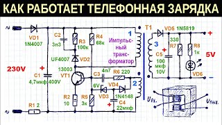 Подробное объяснение работы схемы импульсного блока питания (зарядки телефона) на одном транзисторе