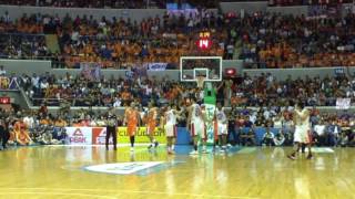 Japeth Aguilar with the two-hand slam and draws foul