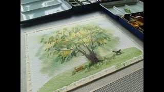 Watercolor Painting / Dog, cat, and tree