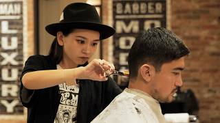 💈(ASMR) Stylish Japanese Lady Barber Rino - Haircut, Shave, Shampoo | WOLFMAN BARBER SHOP ROPPONGI