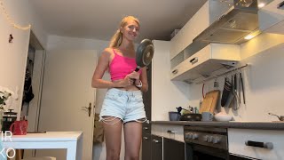 Blonde in short shorts cooks you breakfast and dances in the kitchen | girl in a bright top | Irina