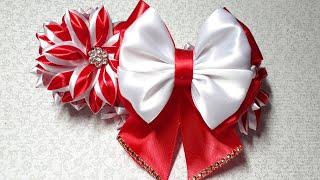 Сборка резинки на пучок из цветов и банта. Канзаши. Kanzashi