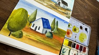 Watercolor Journal Day 115 (orange, blue and green whimsical landscape)