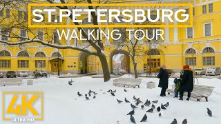 4K Snowy Day Walk in Saint Petersburg - City Walking Tour with Real Sounds