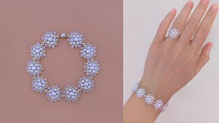 “Snow Crystal” Beaded Bracelet and Beaded Ring with Crystal Bicones and Pearls. Beading Tutorial.