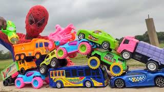 Spiderman Looking for loots of Toy Vehicles   Fire Truck, Excavator, School Bus, MiG 29 Fighter Jet.