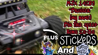 MJX 14209 Big Tire Speed Test and Quick back yard Bash w/music plus Sticker SHOUTOUT!