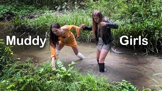 Two Girls in Knee High Boots in Mud, Wet High Heels Boots in Mud, Muddy Girls, Boots Stuck (vol. 64)