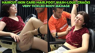 MY MAGIC TOUCHES TICKLED LADY - HAIRCUT - CRACKS - CARE - FOOT WASH ASMR head,back,chest,hip massage