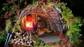 3 Days Solo Bushcraft Shelter Camp With Fireplace Inside. Forest Cooking, Rain Camping, Diy, Asmr