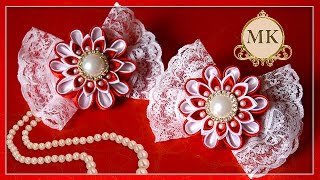 Бантики с цветами. Канзаши. МК./  DIY. Kanzashi. Bows with flowers.