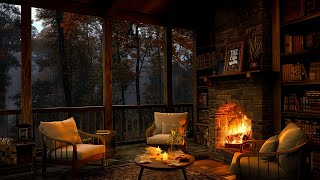 Soft Jazz in Cozy Cabin Balcony Ambience on Rainy Day 🌧️ Rain & Fireplace Sounds to Chill Out