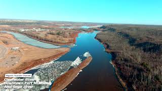 April 21, 2024 -- Clearwater River flowing, drone view, Fort McMurray Riverbreak