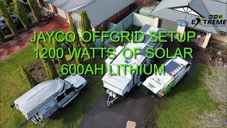 Jayco Off Grid 1200 watt solar, 600ah lithium, runs the Air conditioning, microwave and more.