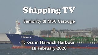 Tanker Seniority & MSC Carouge pass in the harbour; 18 February 2020