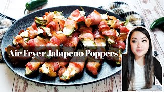 Air Fried Jalapeno Poppers stuffed with Goat Cheese, wrapped with bacon and brushed with Maple Syrup