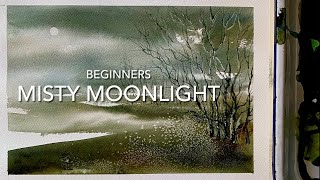 USE UP OLD PAINT!! Beginners ABSTRACT MOONLIGHT WATERCOLOR PAINTING Techniques Watercolour Landscape