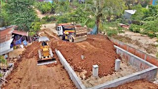 New Project Process of Pouring Soil To filling The foundation To Build House By Bulldozer push Soil