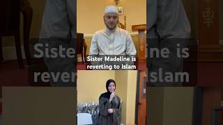 Sister Madeline Gill is taking her Shahada, guided by Shaykh Abdul Rahman Hijazi, at Masjid Al-Salam