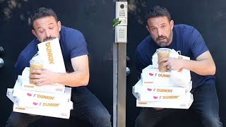 Ben Affleck drops several boxes of donuts and cups of coffee for Dunkin' Donuts Commercial