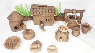 DIY How to make polymer miniature clay  house, kitchen set, waterwell, village ,tree।