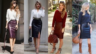 Ladies leather skirts outfits fashion style ideas And leather skirts Office wear 2024