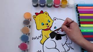 Coloring Yellow Cat and Brown Cat Painting Page, Children can Learn to Color with Paint