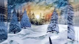 Tree's  snow landscape,  painting with water colour