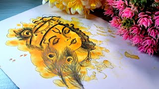 Shri Krishna Drawing 💛 || How to draw Krishna with peacock feather 🪶🦚 || Krishna Spill Art painting