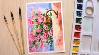 Watercolor painting for beginners beautiful flower and Lamp