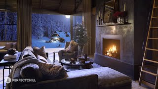 Cozy Winter Night with Fireplace and Snowing Outside - Winter Ambience