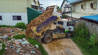 Starting New Project Landfill by Bulldozer Pushing soil Fast with 5ton Trucks