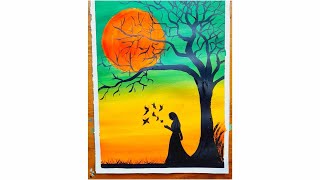 full sunrise morning acrylic painting techniqu | acrylic of Sunrise Morning sky with alone Girl