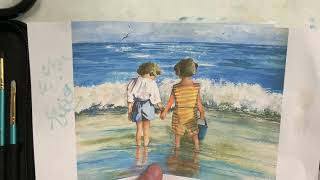 Kids at the beach watercolor and ink